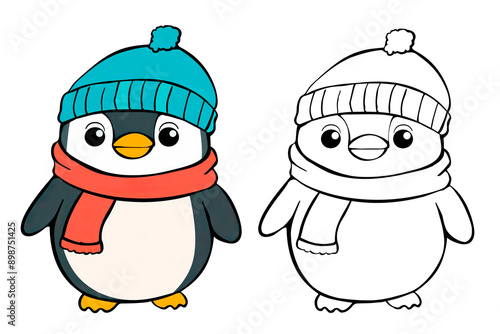 Cartoon animals, funny drawn penguin with contour lines isolated on a transparent background. Simple animal Clip Art, Printable penguin Coloring Page. Simple coloring book for children.