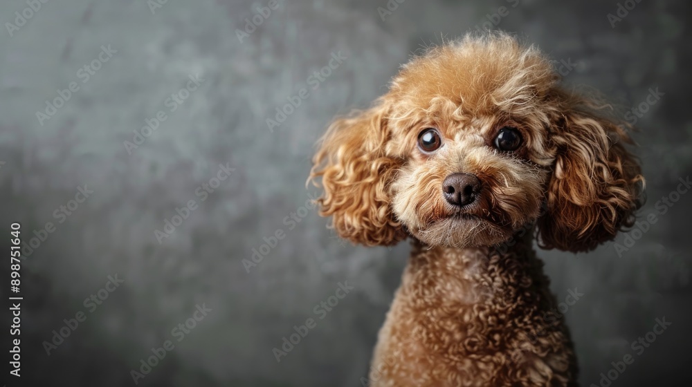 Portrait of an adorable small brown miniature poodle on a gray background Portrait of an adorable small brown miniature poodle on a gray background