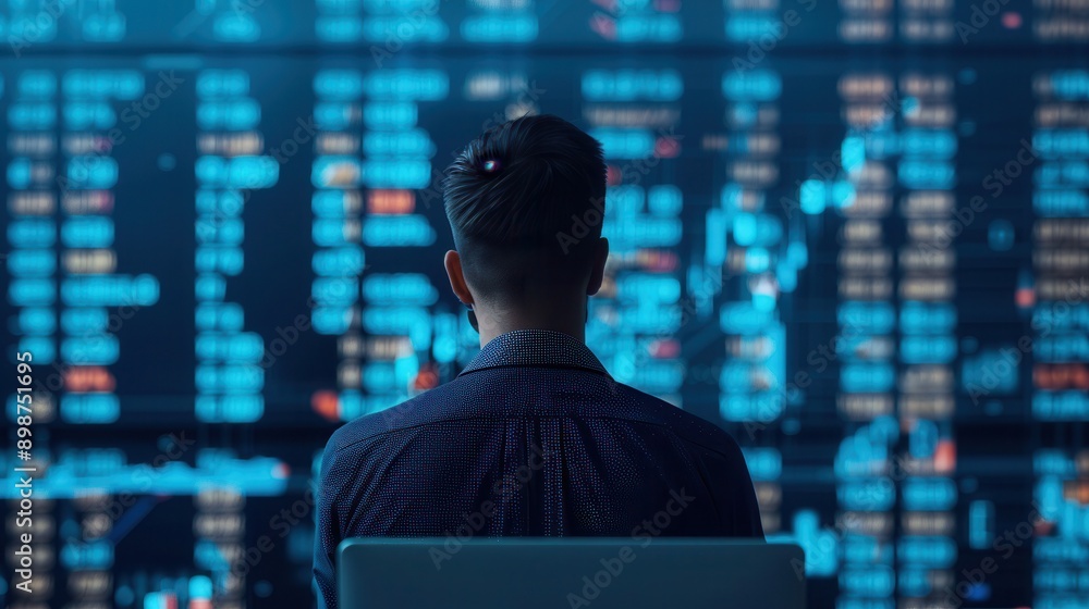 Technology Trader Analyzing Stock Market Data on Multiple Screens in Modern Office Technology Trader Analyzing Stock Market Data on Multiple Screens in Modern Office