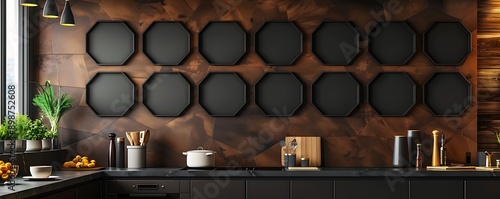 Contemporary kitchen, dark brown wall, six black frames, honeycomb design, clean lines, photo