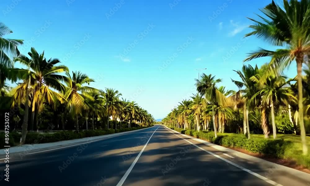 Low angle view of an asphalt road surrounded by green palm trees, lit by the sun. The summer climate, blue sky and empty landscape create the perfect conditions for exploring tropical corners. Low angle view of an asphalt road surrounded by green palm trees, lit by the sun. The summer climate, blue sky and empty landscape create the perfect conditions for exploring tropical corners.