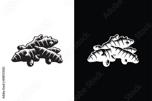 Ginger Root Logo Design. Herbal Spice Vector icon silhouette Isolated on White black Background.