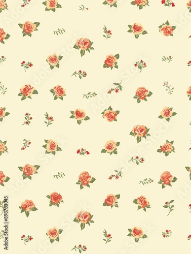 A floral patterned wallpaper with many roses and leaves. background