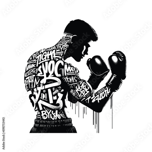 Boxing, Kickboxing   male player in graffiti tags, street art pattern illustration, emblem shield badge