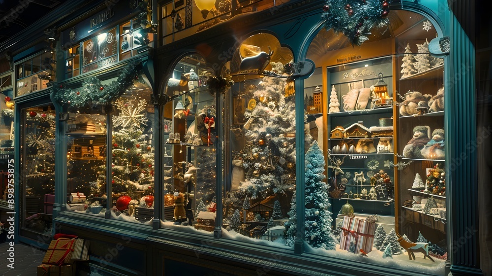 Cozy and Festive Holiday Window Display in a Charming Retail Store Cozy and Festive Holiday Window Display in a Charming Retail Store