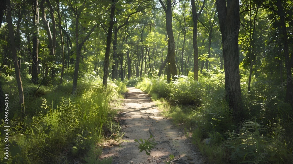 Obraz premium Serene Pathway Through Lush Nature Reserve Invites Peaceful