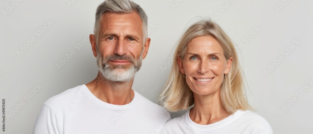  A man and a woman stand before a gray backdrop, each holding a white background The man dons a simple white T-shirt