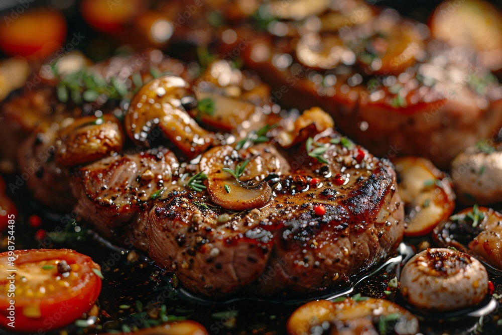Juicy roasted meat and mushrooms , flame at the dark background, appetizing look. Juicy roasted meat and mushrooms , flame at the dark background, appetizing look.