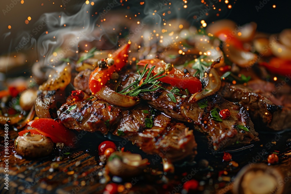 Juicy roasted meat and mushrooms , flame at the dark background, appetizing look. Juicy roasted meat and mushrooms , flame at the dark background, appetizing look.