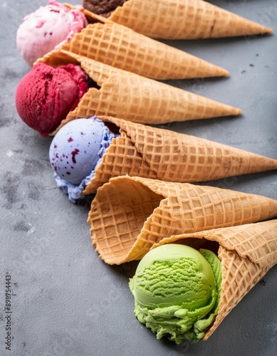 Various varieties of ice cream in cones with mint, blueberry, strawberry, pistachio, cherry, chocolate and scoop on gray stone background