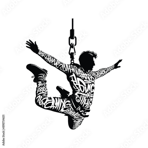 Bungee Jumping  male player in graffiti tags, street art pattern illustration, emblem shield badge