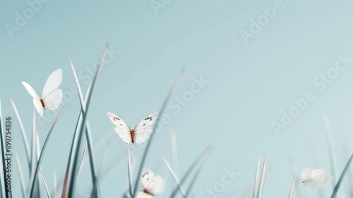 A peaceful meadow with tall grasses, butterflies, and a clear blue sky, with copy space, high-resolution photo, cinematic image, hyper realistic photo