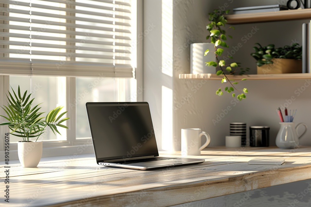 Fototapeta premium Home workplace with laptop computer on desk