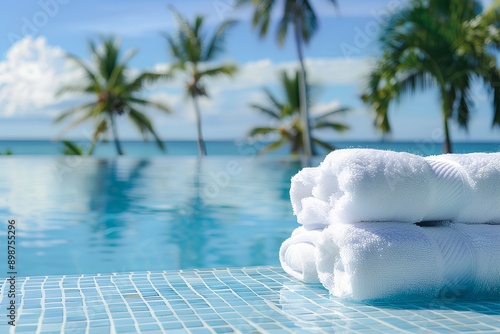 A pile of white towels by the pool, with palm trees and clear blue water in the background. The scene is captured from an eye-level perspective, focusing on close-up details like texture photo