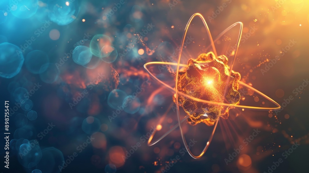 Obraz premium A glowing atom, a symbol of science, innovation, and the universe's vastness. The image represents the building blocks of matter, potential energy, and the interconnectedness of everything.