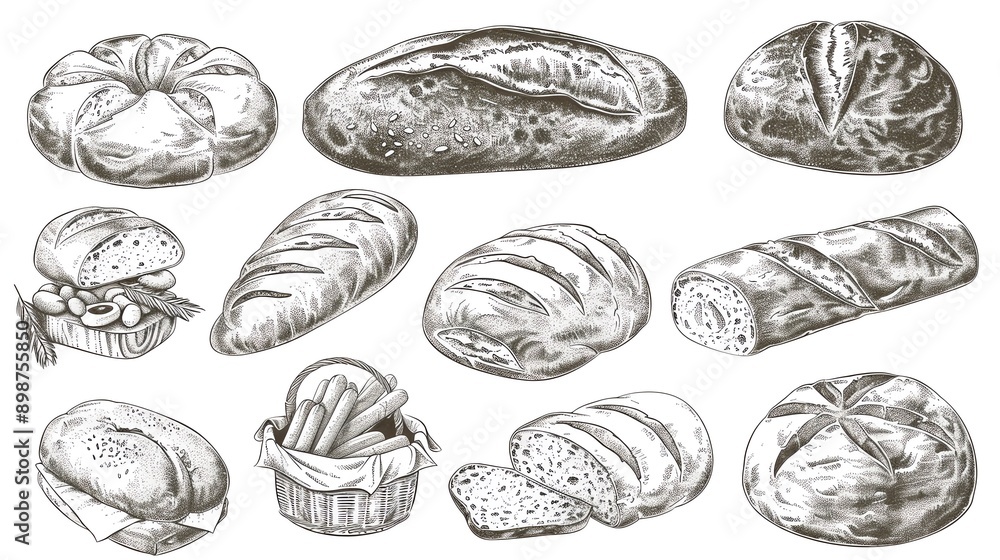 Handdrawn bread varieties with intricate design elements, bread drawing set, detailed bakery illustrations Handdrawn bread varieties with intricate design elements, bread drawing set, detailed bakery illustrations