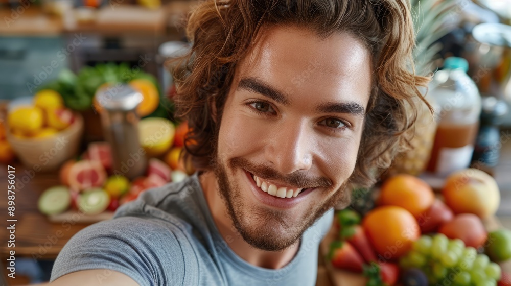 Selfie of a happy chef in front of a table filled with a variety of vegetables, fruits and cooking products. Selfie of a happy chef in front of a table filled with a variety of vegetables, fruits and cooking products.
