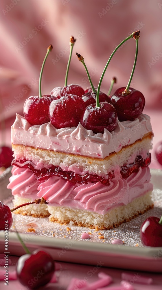 A dessert plate with a slice of cherry cream cake highlighting the rich cherries, creamy layers and light background for an eye-catching presentation. A dessert plate with a slice of cherry cream cake highlighting the rich cherries, creamy layers and light background for an eye-catching presentation.