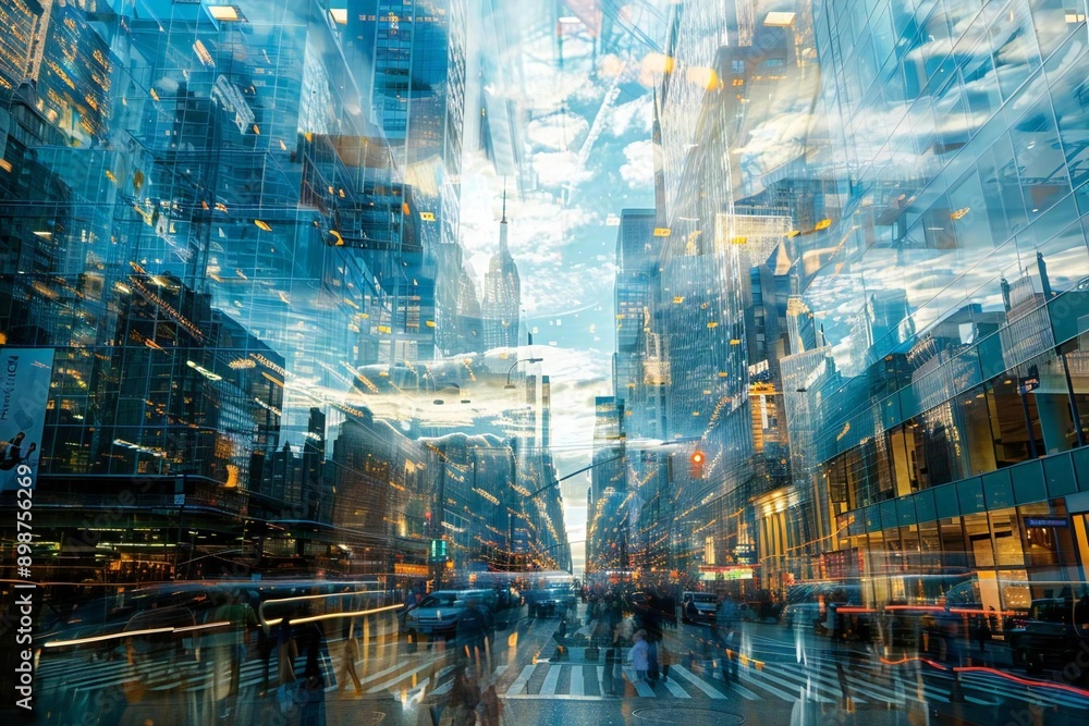 Parallel Worlds: A Tranquil Sky Above a Bustling City Street Parallel Worlds: A Tranquil Sky Above a Bustling City Street