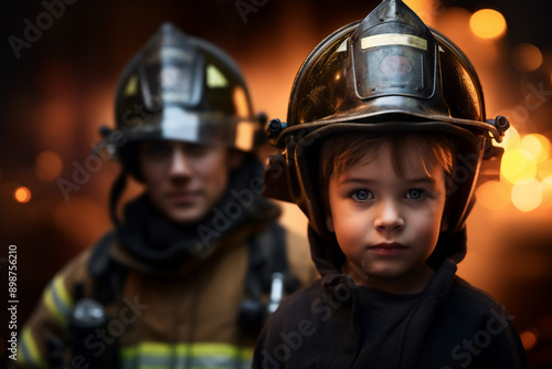 Small Caucasian and male child wearing a firefighter costume and helmet looking at the camera with a black fire bokeh background  © pangamedia