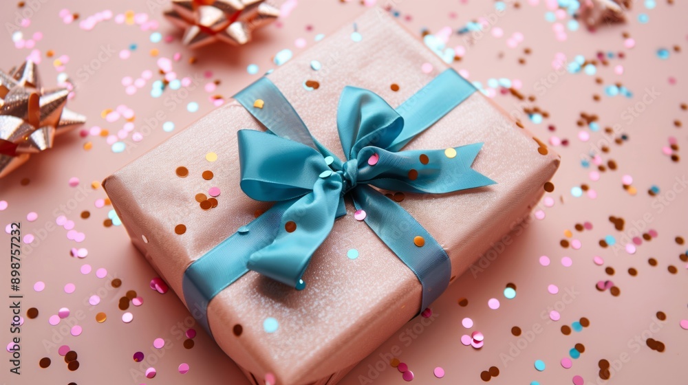 Festively Wrapped Present with Blue Ribbon and Confetti Decorations Festively Wrapped Present with Blue Ribbon and Confetti Decorations