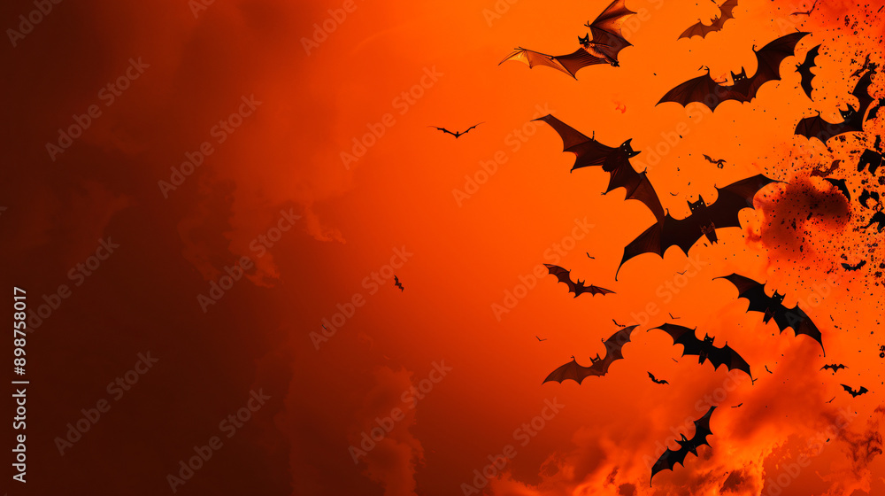 Flock of bats flying in a spooky orange sky, perfect for halloween projects Flock of bats flying in a spooky orange sky, perfect for halloween projects