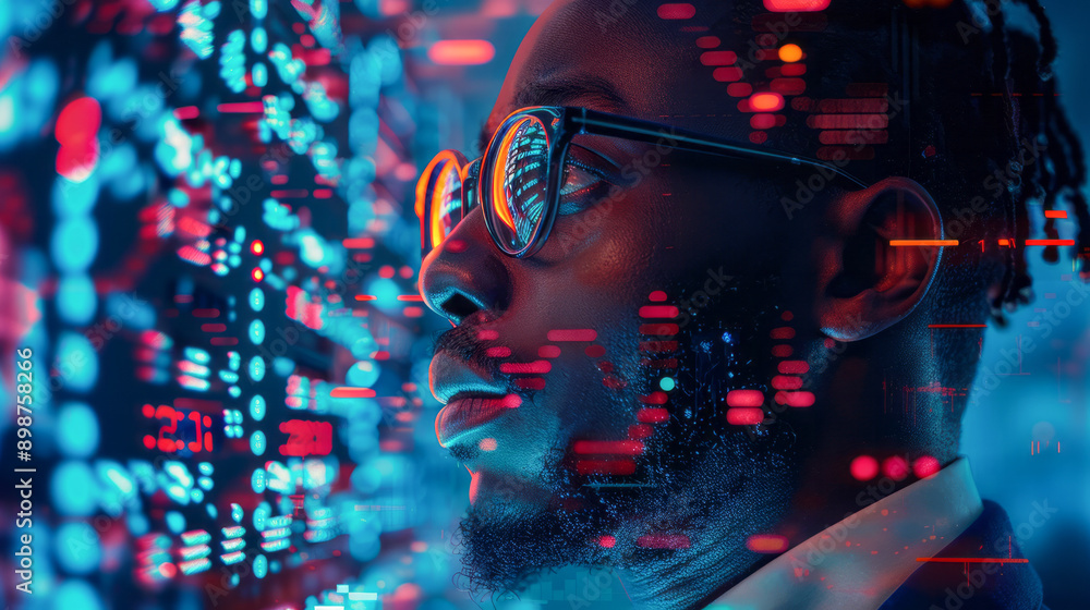 Man Examining Digital Information in a Cybersecurity Environment Man Examining Digital Information in a Cybersecurity Environment