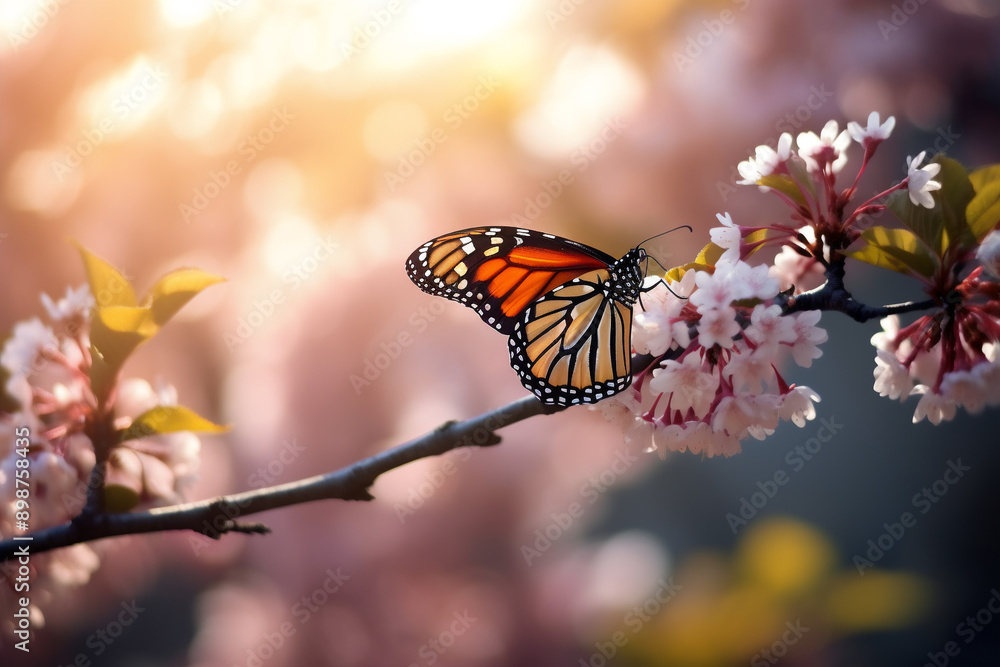 A macro shot with shallow depth of field of a monarch butterfly which is sitting on a blooming flowerwith a background of typical flowers such as cherry blossom a spring background with bokeh and a su A macro shot with shallow depth of field of a monarch butterfly which is sitting on a blooming flowerwith a background of typical flowers such as cherry blossom a spring background with bokeh and a su