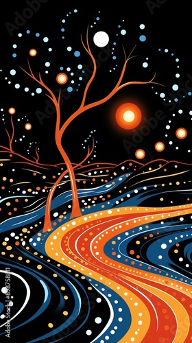 Aboriginal art digital. Bright color stylized design, australian aboriginal art. AI Generated
