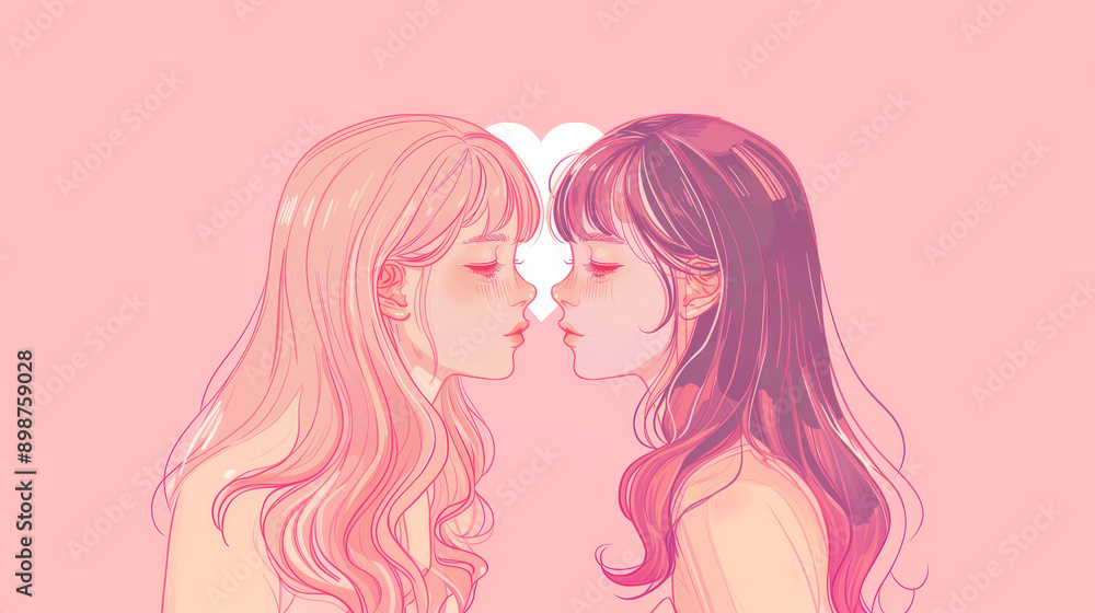 Art illustration of two kissing girls in pink colors in love romantic atmosphere. Soft kind happiness with white little heart. Background or album cover poster design Art illustration of two kissing girls in pink colors in love romantic atmosphere. Soft kind happiness with white little heart. Background or album cover poster design