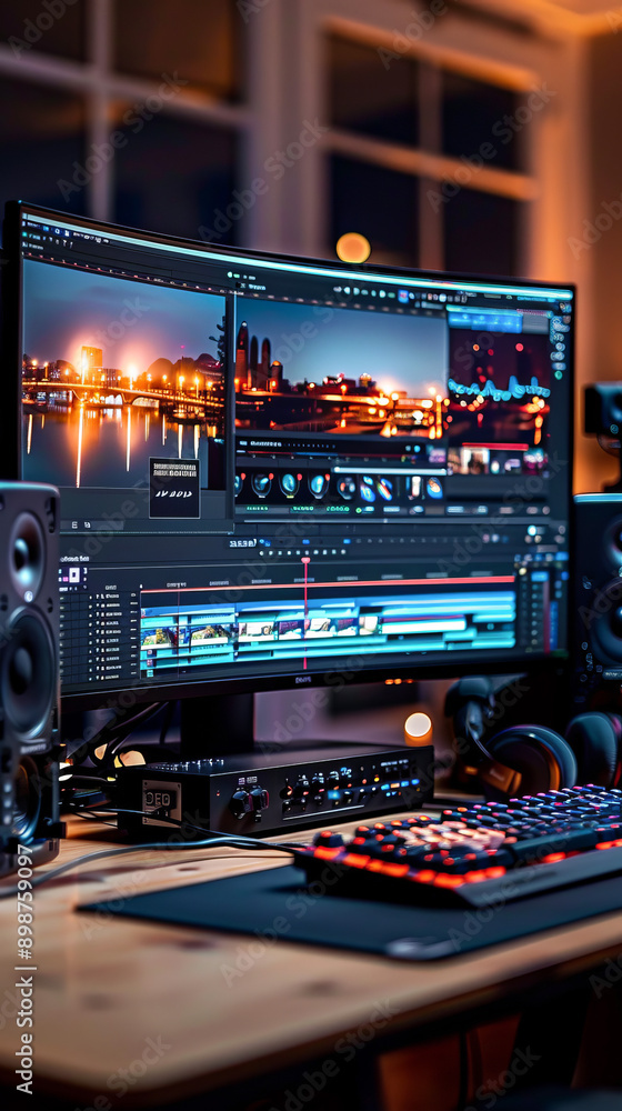 Dynamic video editing setup with vibrant city lights and audio equipment Dynamic video editing setup with vibrant city lights and audio equipment