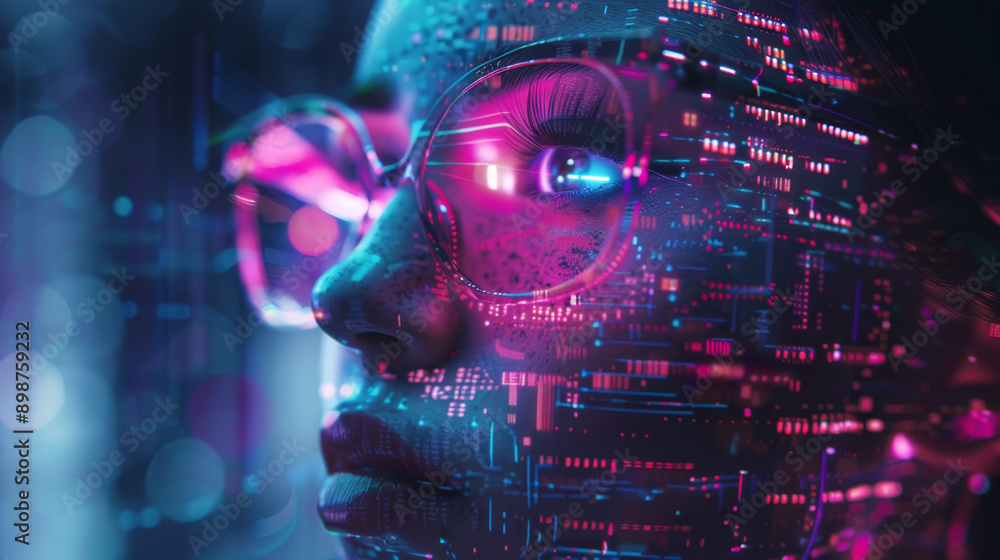 A young girl in cyber futuristic technology virtual VR AR neon purple glasses. Cyberspace background of goggles and person at night. Artificial intelligence concept A young girl in cyber futuristic technology virtual VR AR neon purple glasses. Cyberspace background of goggles and person at night. Artificial intelligence concept