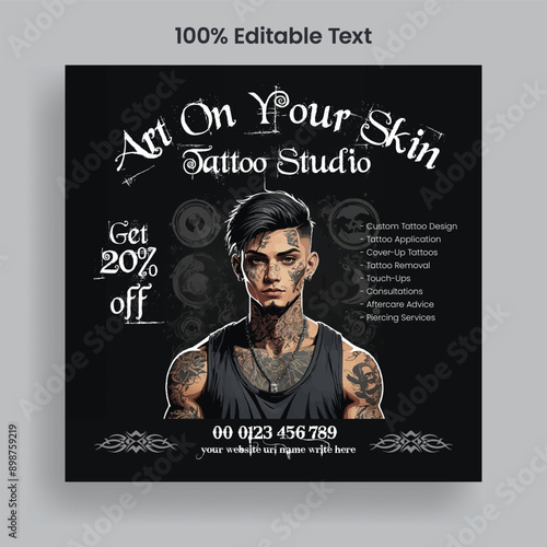 Tattoo Artist Salon Social Media Post and Square Flyer Vector Template for Body Art Promotion, Modern Tattoo Design Poster, Editable Ink Art Banner, and Creative Marketing