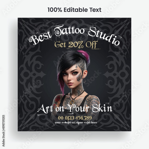 Creative Tattoo Salon Square Flyer Template with Bold Tattoo Artist Illustration, Editable Vector Design for Social Media Post, Body Art Promotion, and Ink Art Studio Advertising