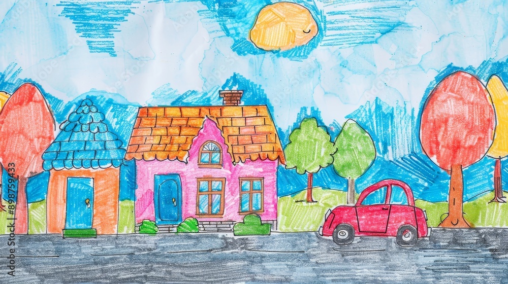 A vibrant hand-drawn illustration depicting a suburban street with two houses, a red car, and lush greenery. The houses have charming details, and the overall scene evokes a sense of warmth and commun A vibrant hand-drawn illustration depicting a suburban street with two houses, a red car, and lush greenery. The houses have charming details, and the overall scene evokes a sense of warmth and commun