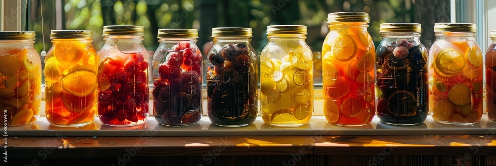 A row of mason jars filled with different colorful homemade infused drinks, showcasing a variety of fruits and herbs, capturing the essence of natural flavors and homemade goodness. A row of mason jars filled with different colorful homemade infused drinks, showcasing a variety of fruits and herbs, capturing the essence of natural flavors and homemade goodness.
