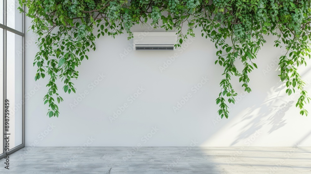 White air conditioner hanging on a white wall with minimalist concrete floor and green plants growing from the ceiling, copy space for text.