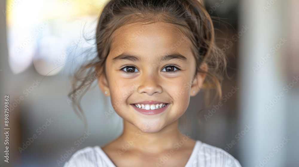 Smiling young girl with missing teeth indoors Smiling young girl with missing teeth indoors