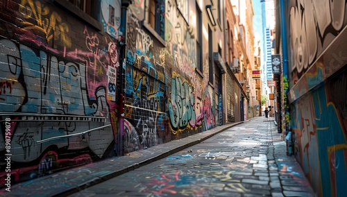 A street in the heart of Melbourne's attached area, with vibrant graffiti art adorning its walls and narrow alleyways leading to bustling streets filled with a lively atmosphere