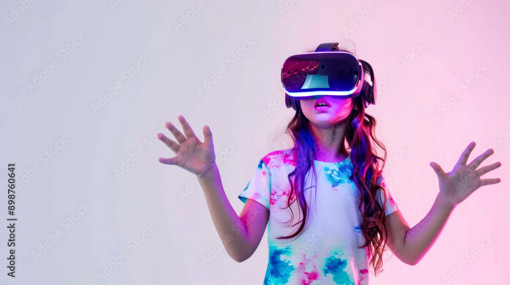 Teenage girl with VR headset in a futuristic setting Teenage girl with VR headset in a futuristic setting