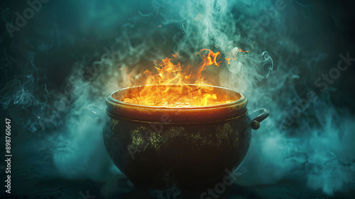 In a dark fantasy setting, an ancient cauldron bubbles with a magical potion, fire, and smoke