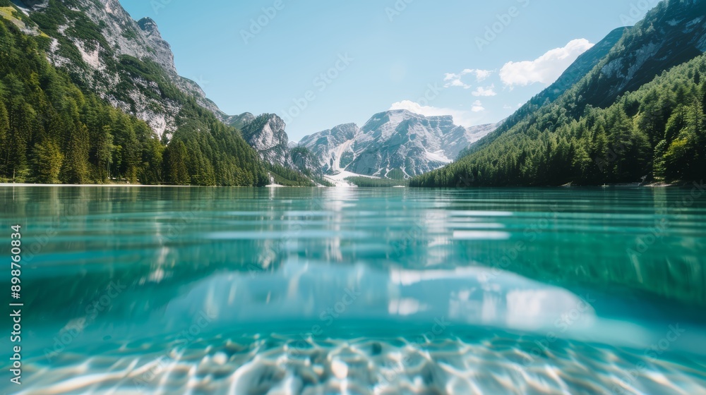 Fototapeta premium A serene mountain lake with clear water, surrounded by pine trees, with copy space, high-resolution photo, cinematic image, hyper realistic