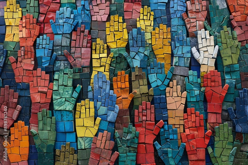 Obraz premium Title: Harmonious Mosaic of Multicultural Palms Representing Unity and Collaboration, with Space for Custom Messaging.