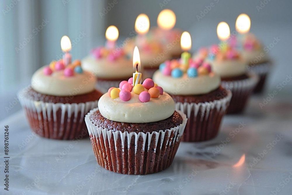 Sleek Monochrome Background with Minimalistic Birthday Cupcakes in Diagonal Formation, Creating Space for Text. Sleek Monochrome Background with Minimalistic Birthday Cupcakes in Diagonal Formation, Creating Space for Text.