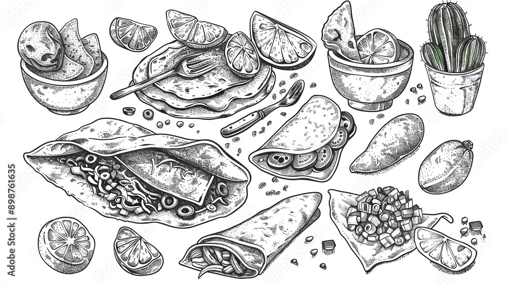 Stylized line art of Mexican foods with a variety of textures and forms, Mexican food line sketches, artistic culinary set Stylized line art of Mexican foods with a variety of textures and forms, Mexican food line sketches, artistic culinary set