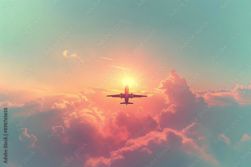 Sleek, Minimalistic Plane Silhouette Soaring into Sunset Sky with Soft Pastel Hues Sleek, Minimalistic Plane Silhouette Soaring into Sunset Sky with Soft Pastel Hues