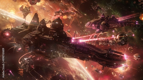 Epic space battle between alien fleets, bright laser beams and explosions,