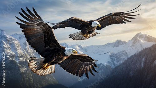 A pair of bald eagle soaring through the air with a background of mountains during the middle of the day 