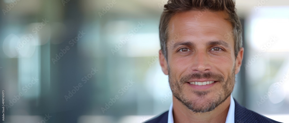  A close-up of a man in a suit and tie, wearing a blue blazer and a white shirt