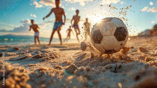 Friends Enjoying Beach Soccer at Sunset